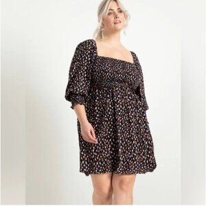 ELOQUII Black Brown Blue White Print Smocked Puff Sleeve Square Neck Mini Dress